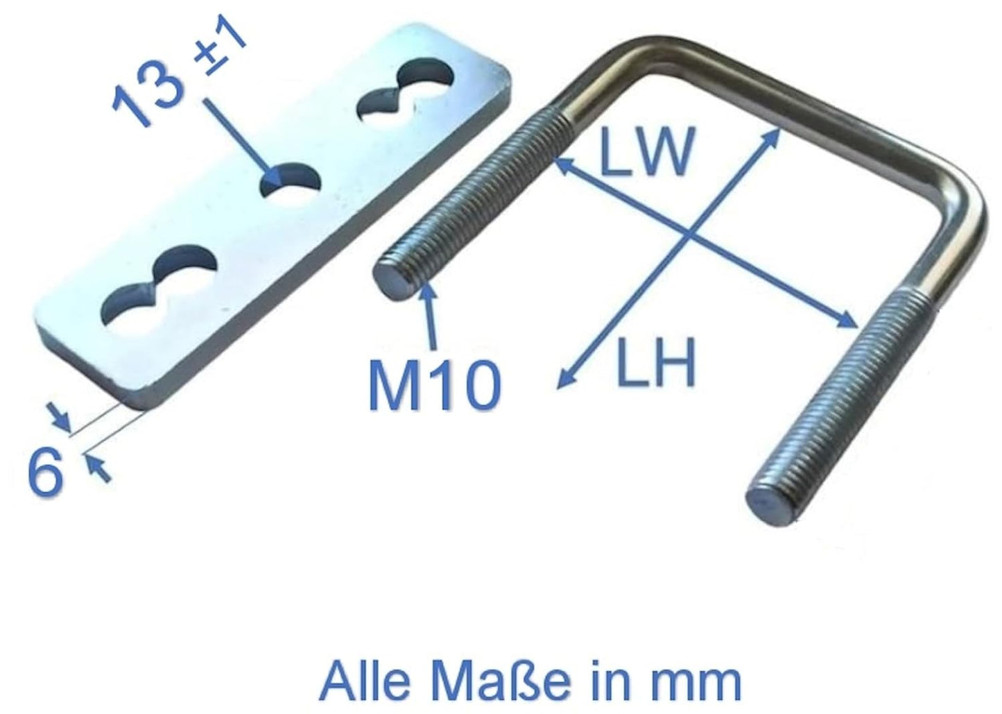 M10 U Bügelschraube mit 6 mm dicke Gegenplatte, Stahl verzinkt