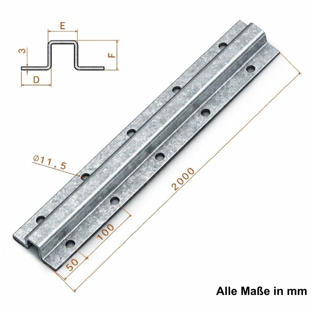 1x Hutschiene, Hutprofil Stahl verzinkt 3mm dick, mit Löchern, 2000mm Länge
