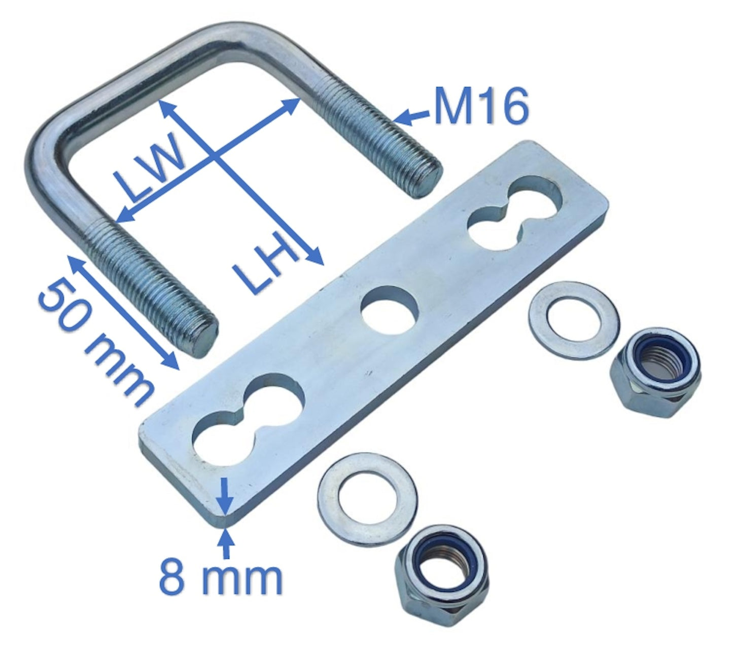 M16 U Bügelschraube mit 8 mm dicke Gegenplatte, Stahl verzinkt