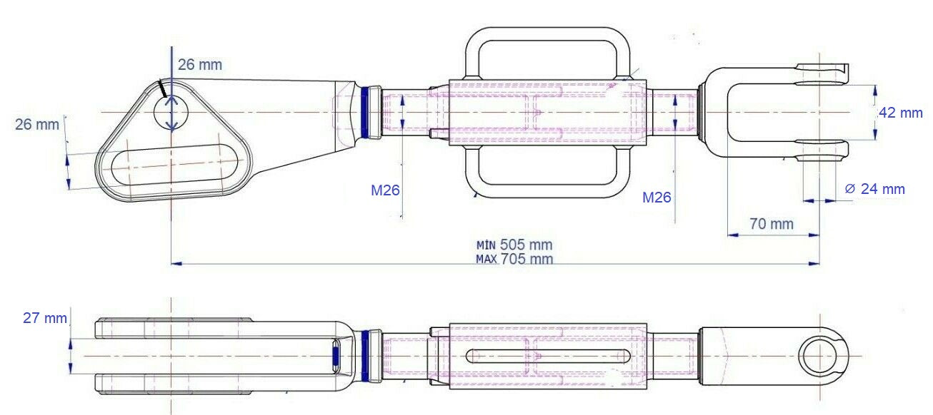 Traktor Unterlenker Hubstrebe verstellbar M26, Länge 505-705 mm