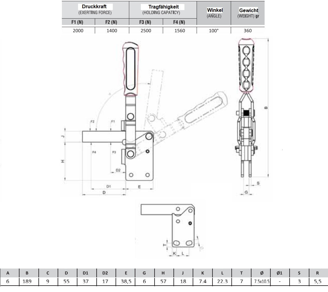 Toggle Clamp, Knebelklemme, Kniehebelspanner Schnellspanner Horizontal, Vertikal