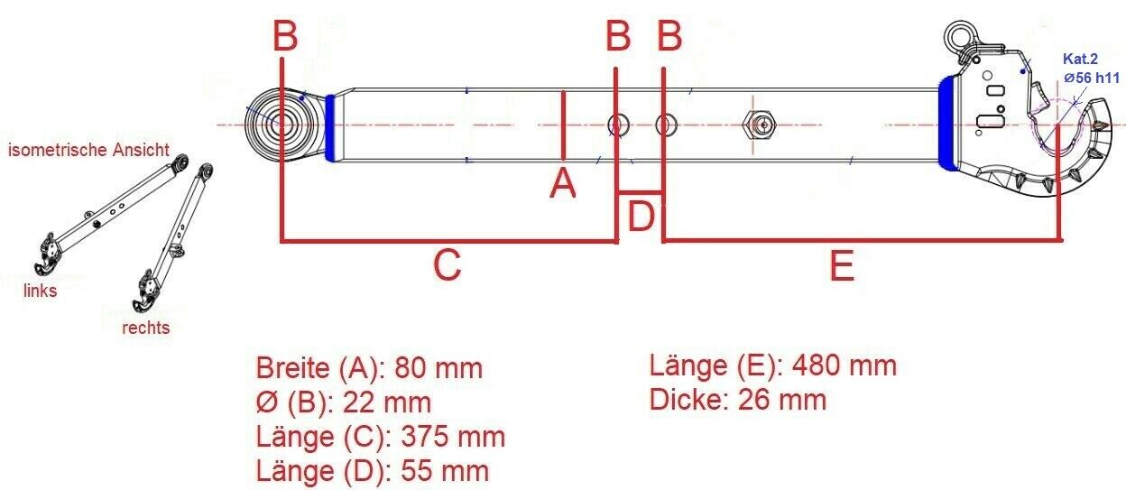 Kat 2 Unterlenker Länge 900 mm Unterlenkerarm Unterlenkerholm mit Fanghaken