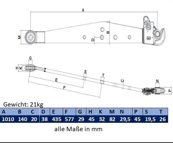 1x Kat 2 Unterlenker Länge 1010 mm Unterlenkerarm, Unterlenkerholm mit Fanghaken