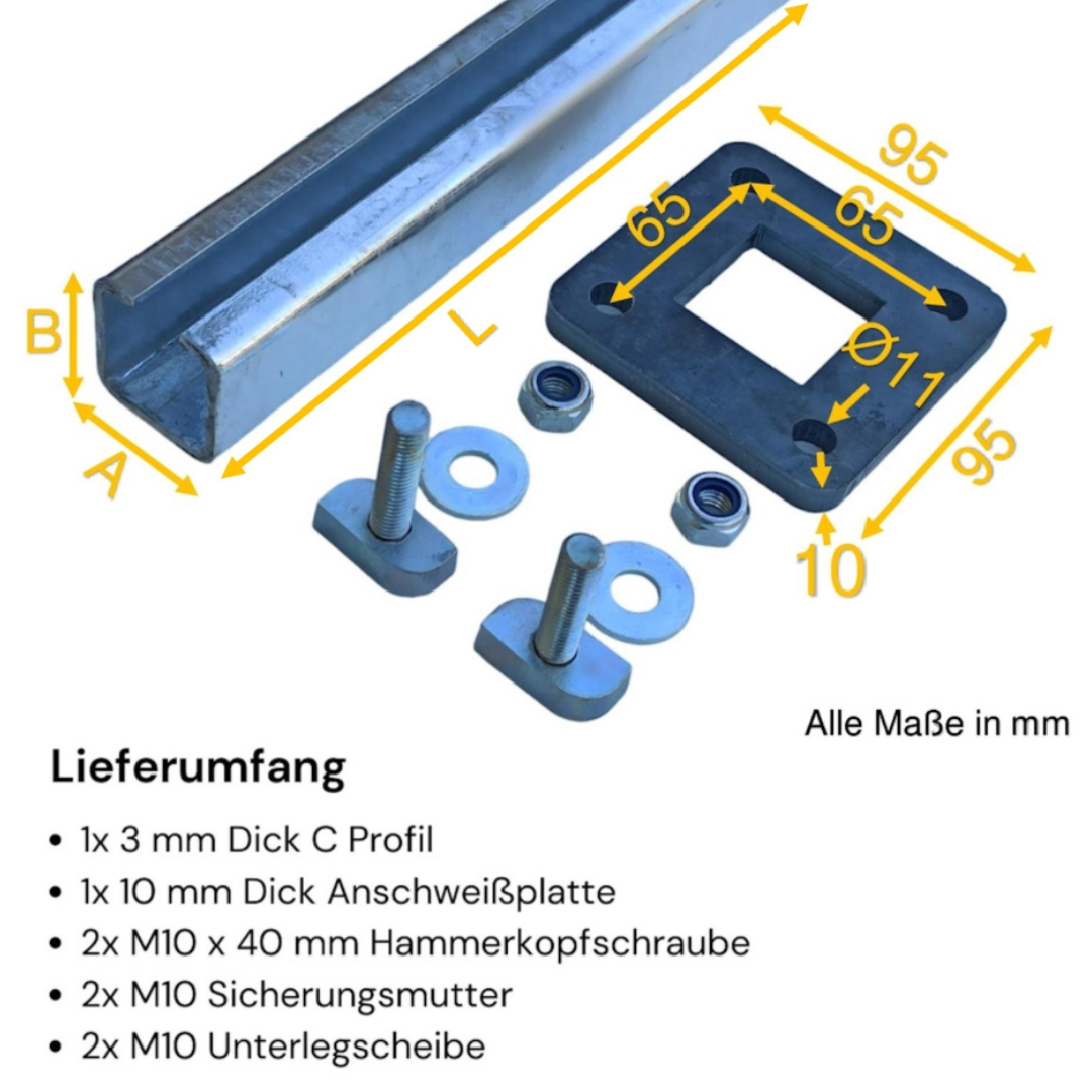 3 mm Dicke C-Profil Set als Universalpfosten, Stahlsäule, Tischbeine, Balkonsäule, Geländerpfosten, Zaunpfosten, Zaunsäule aus Stahl verzinkt