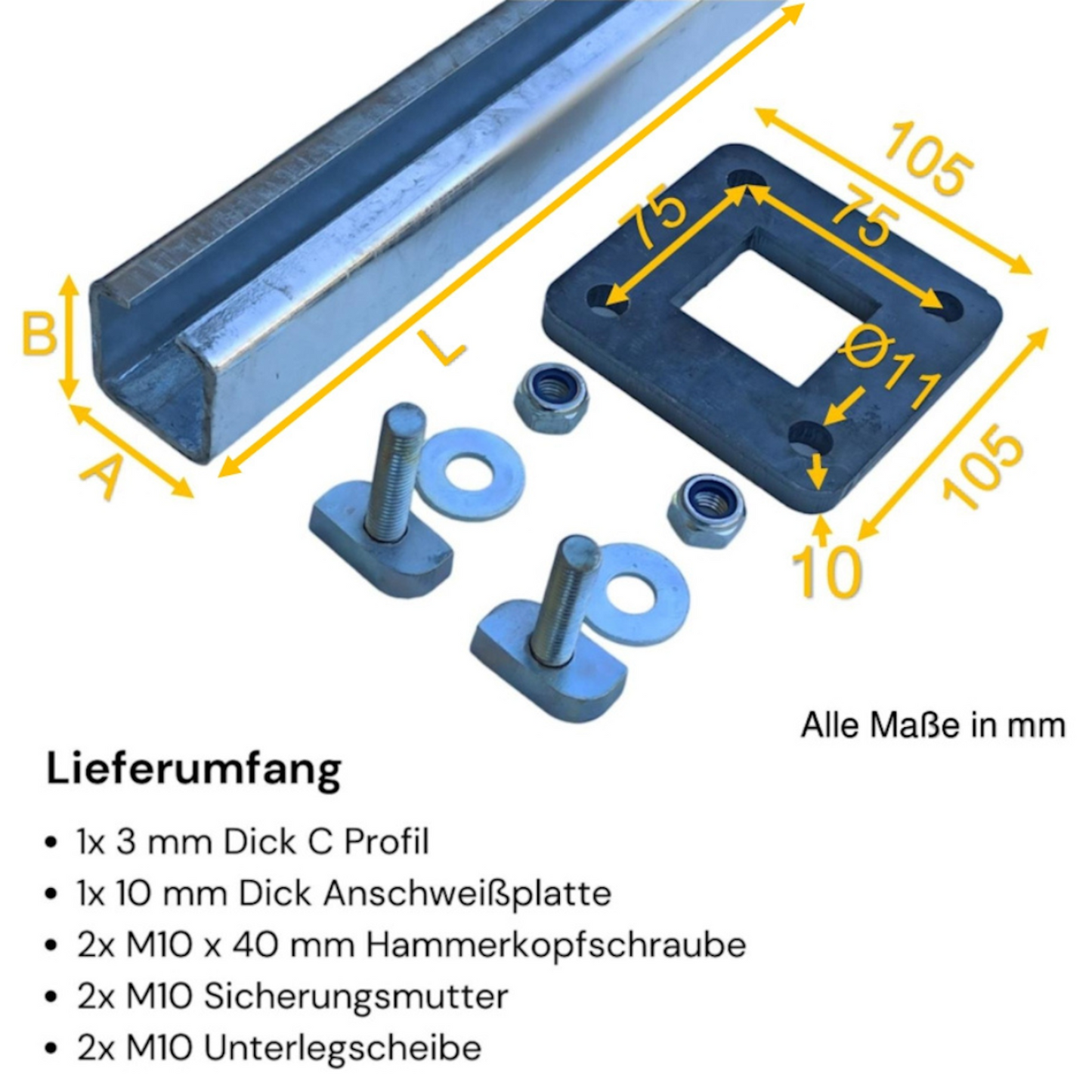 3 mm Dicke C-Profil Set als Universalpfosten, Stahlsäule, Tischbeine, Balkonsäule, Geländerpfosten, Zaunpfosten, Zaunsäule aus Stahl verzinkt