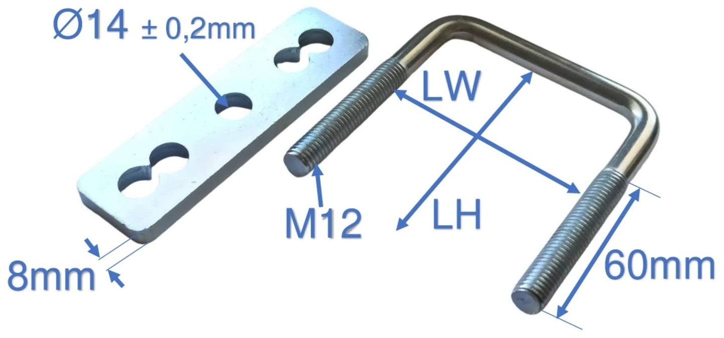 M12 U Bügelschraube mit 8 mm dicke Gegenplatte, Stahl verzinkt