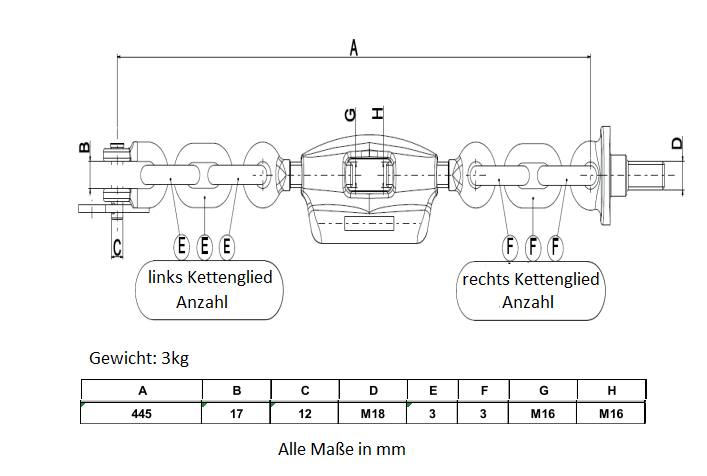 M16 Spannschloss Unterlenker Spannkette Länge: 445 mm