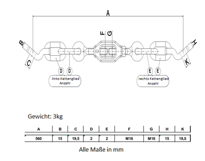 Longueur de la chaîne de tension M16 : 560 mm