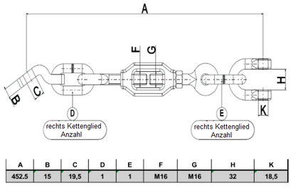 M16 Unterlenker Spannkette Länge 452,5 mm