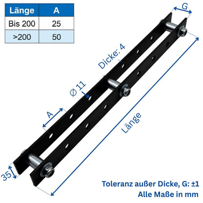 4mm dick Stahl Lochplatte schwarz mit M10 Abstandshülse Schraube Mutter Scheibe
