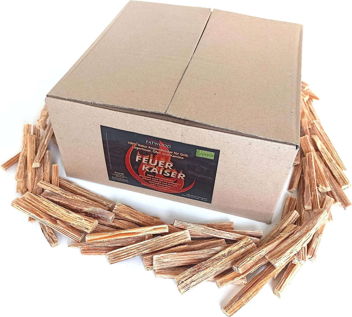 FEUERKAISER Kienspan Fatwood (ca. 500 Sticks, 4,5kg, Länge 10cm) natürlichster Bio Anzünder, Feueranzünder, Grillanzünder, Kaminanzünder, Ofenanzünder