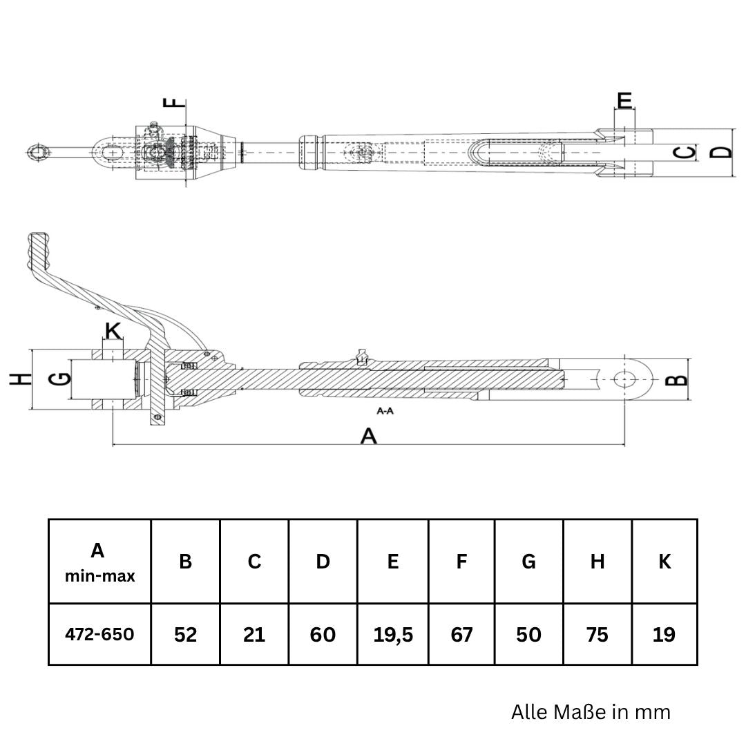 Verstellbare Unterlenker Hubstrebe 472–650 mm für Massey Ferguson Traktoren (Kat. 2) aus Warmschmiedestahl