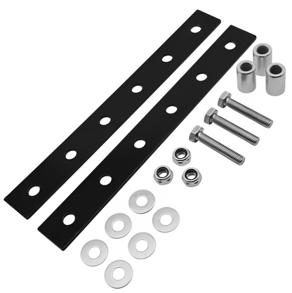 4mm dick Stahl Lochplatte schwarz mit M10 Abstandshülse Schraube Mutter Scheibe