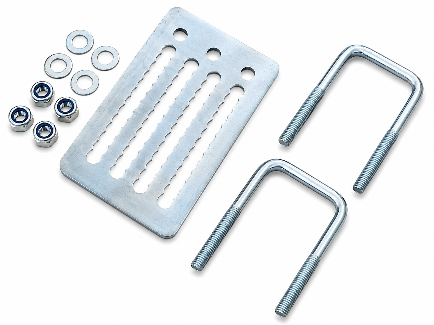 Metal hardware kit arrangement on white
