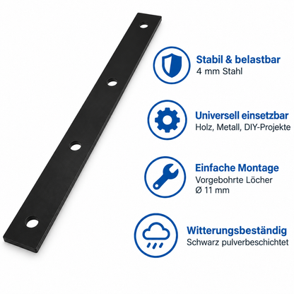 Flachverbinder Stahl schwarz 4 mm mit 11 mm Bohrungen für Holz und Metall