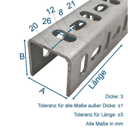 3 mm dick U Profil Stahl verzinkt, Lochschiene