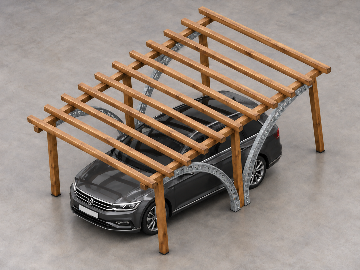 Anwendungsbeispiel einer Carport-Holzkonstruktion mit Bogenverbindern und untergestelltem Fahrzeug