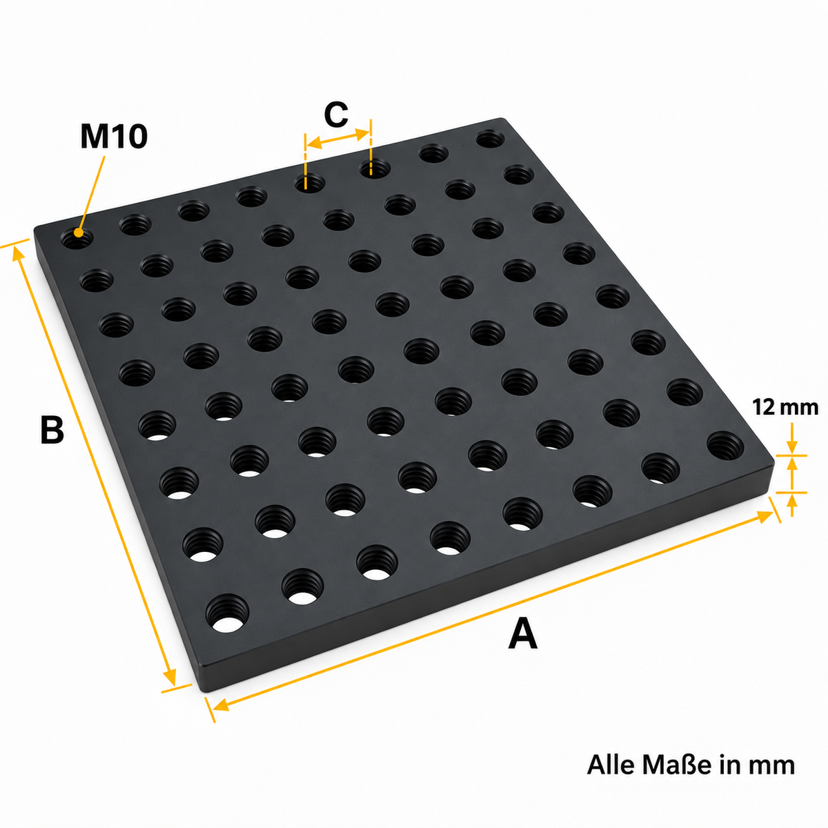 M10 Gewinderasterplatte 12 mm Stahl mit Maßangaben und Gewinderaster