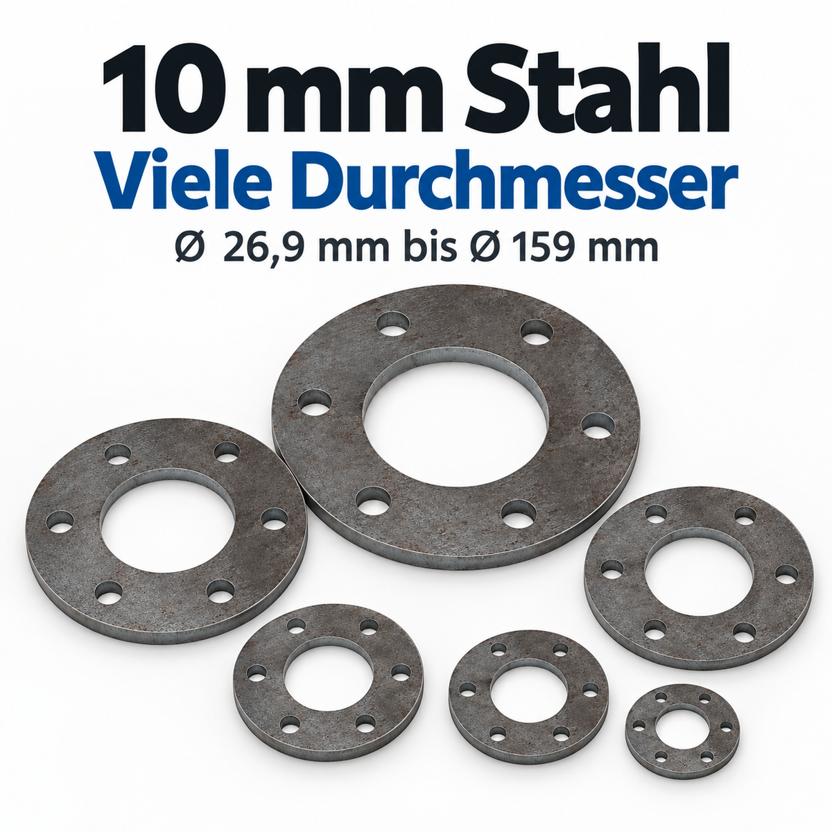 Runde Anschweißplatten aus 10 mm Stahl in verschiedenen Durchmessern von 26,9 bis 159 mm
