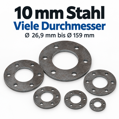 Runde Anschweißplatten aus 10 mm Stahl in verschiedenen Durchmessern von 26,9 bis 159 mm