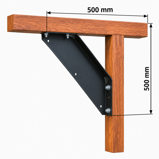 Schwarzer Kopfbandverbinder an Holzpfosten und Querbalken montiert mit Maßangaben 500 mm × 500 mm Empula 