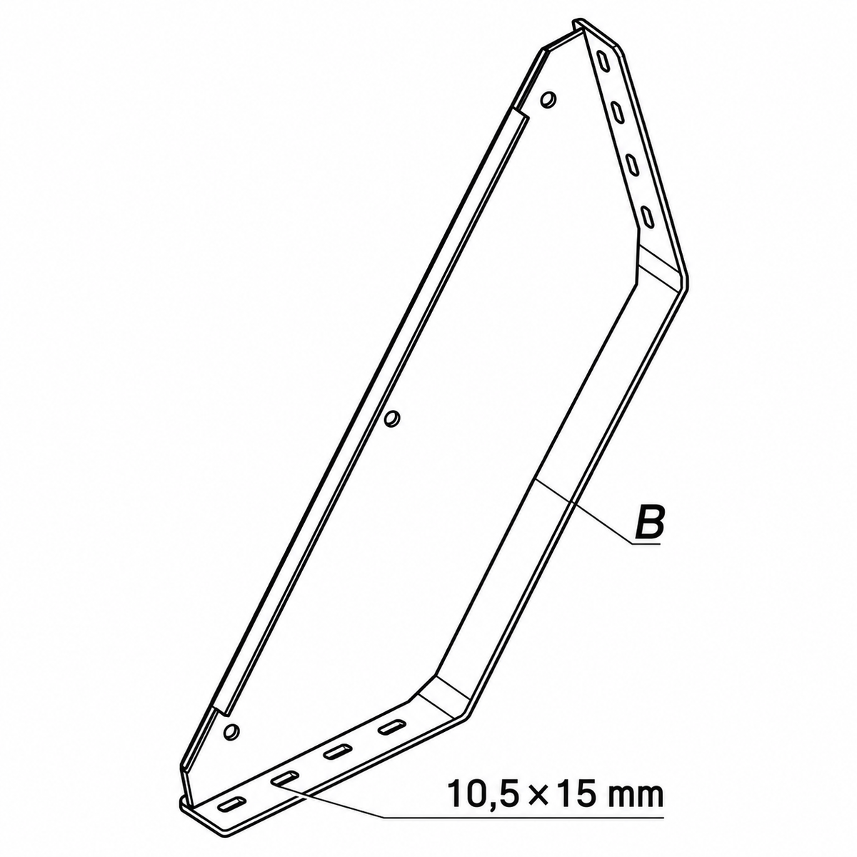 Technische Zeichnung eines trapezförmigen Kopfbandverbinders aus Stahl mit Langlöchern 10,5 × 15 mm Empula