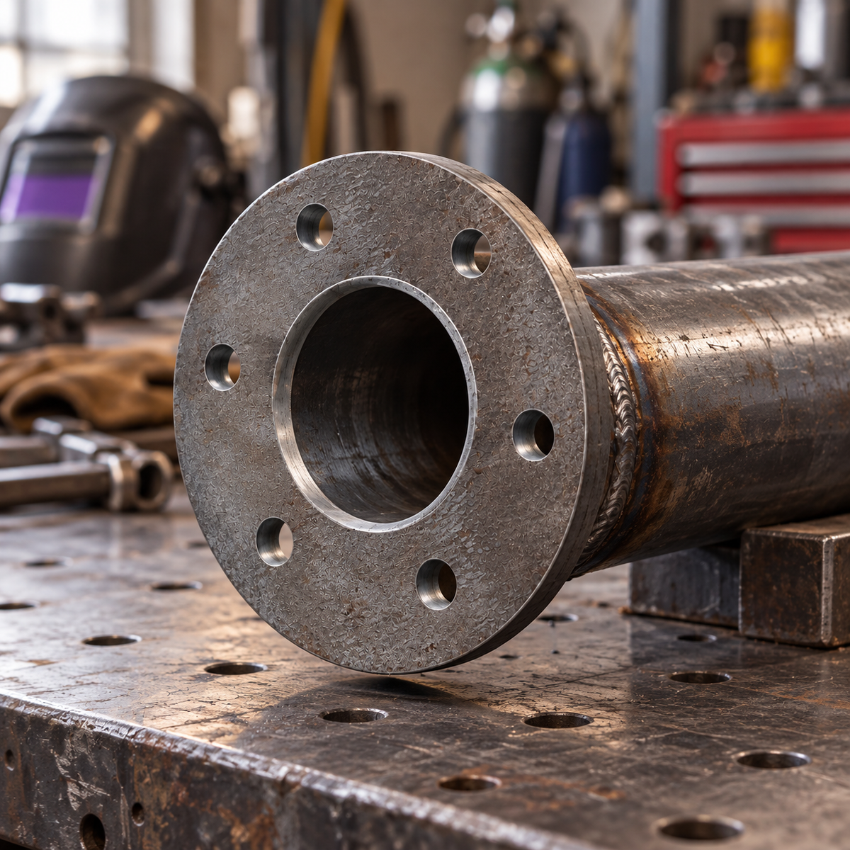 Runde 10 mm Stahl-Anschweißplatte an einem Rundrohr im Metallbau