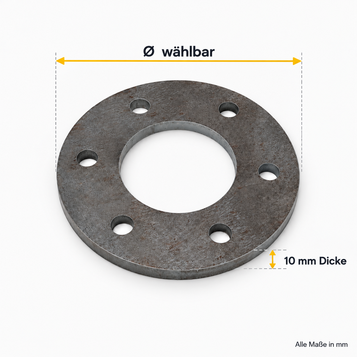 10 mm Anschweißplatte rund aus Stahl mit Maßangaben für Durchmesser und Materialstärke