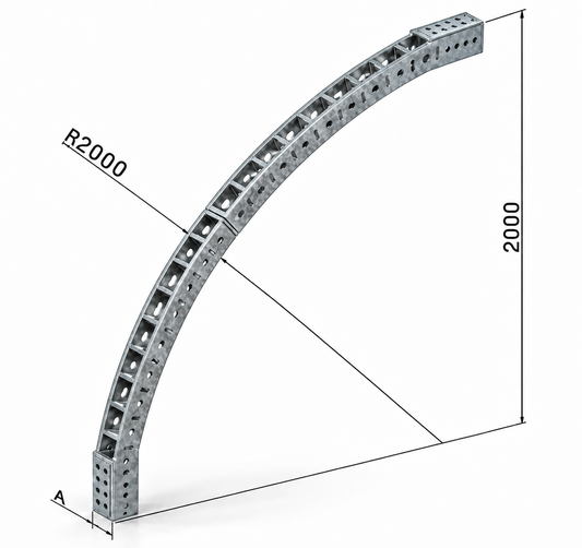 Stahl-Bogenverbinder für Carports mit Lochreihen und Maßzeichnung für Radius R2000 und Höhe 2000 mm