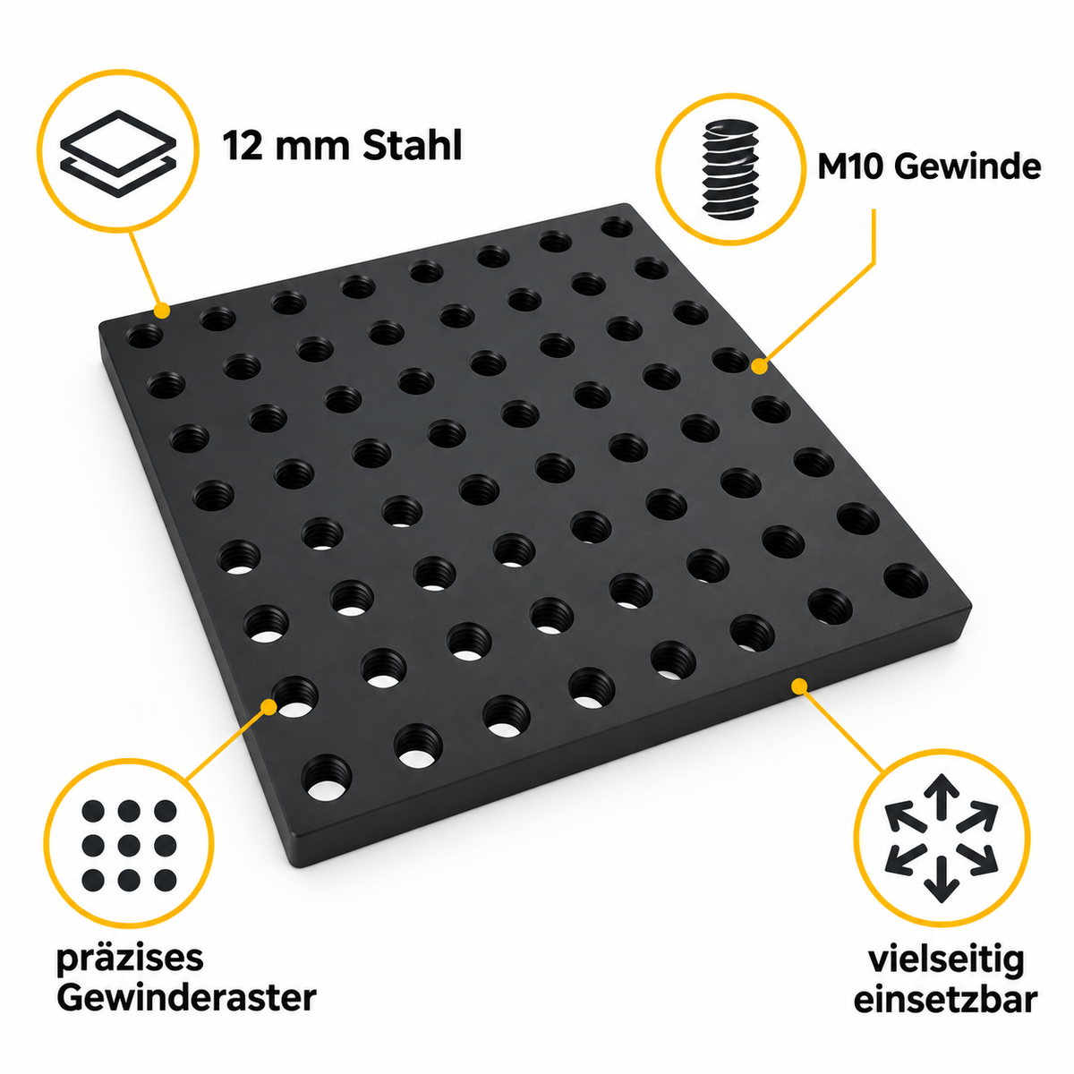 M10 Aufspannplatte aus 12 mm Stahl mit präzisem Gewinderaster