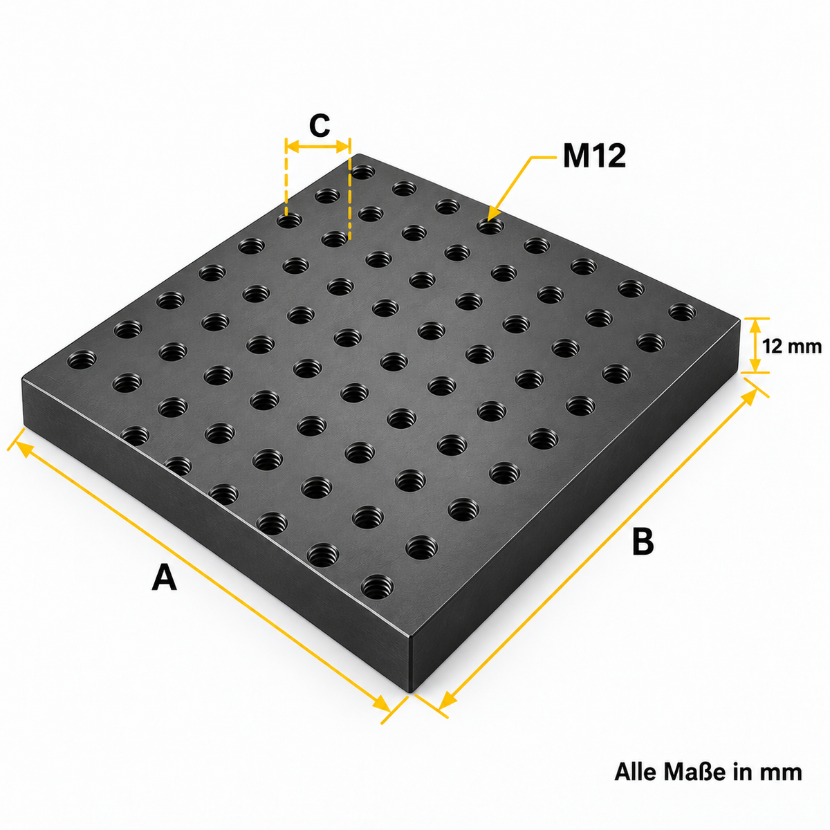 M12 Gewinderasterplatte 12 mm Stahl mit Maßangaben und Gewinderaster