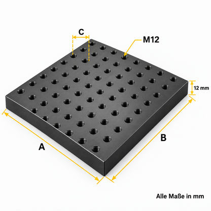 M12 Gewinderasterplatte 12 mm Stahl mit Maßangaben und Gewinderaster