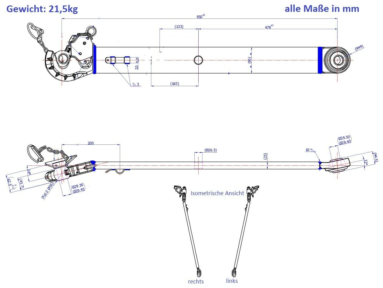 Kat 2 Unterlenker 950mm, Unterlenkerarm Unterlenkerholm mit Kugelfangschale
