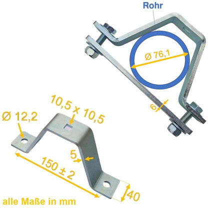 5 mm Dicke Rohrschelle, Rohrhalter, Mastschelle Stahl verzinkt mit 6 mm Dicke Platte