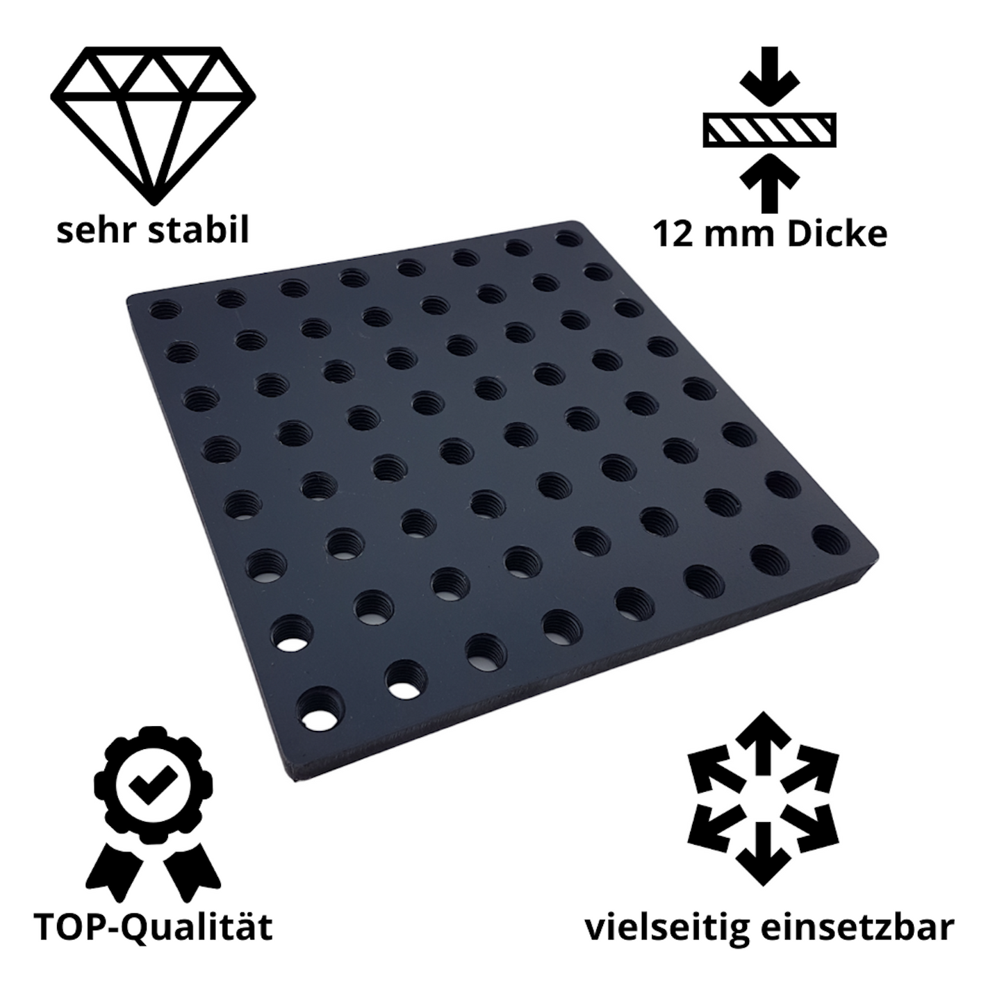 1x 12 mm Dicke M12 Gewindeplatte, Gewinderasterplatte, Montageplatte, Grundplatte, Aufspannplatte, Fußplatte, Ankerplatte Stahl brüniert mit 25 x 25 Gewinderaster