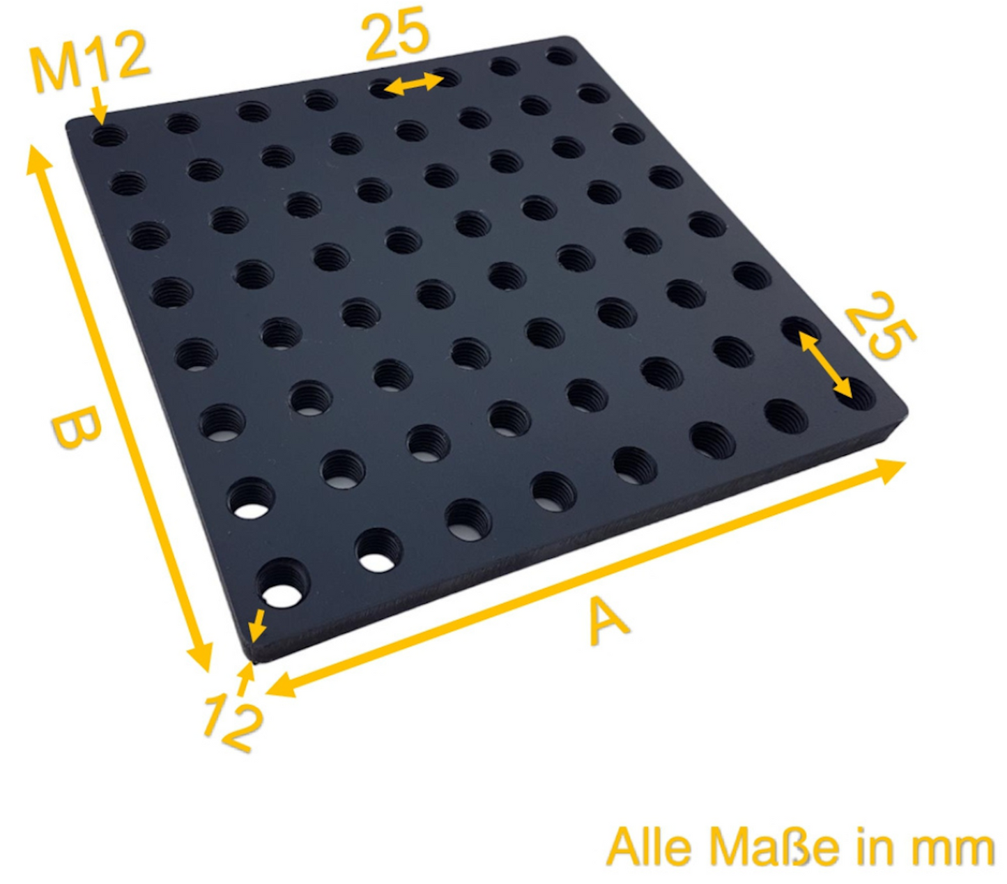 1x 12 mm Dicke M12 Gewindeplatte, Gewinderasterplatte, Montageplatte, Grundplatte, Aufspannplatte, Fußplatte, Ankerplatte Stahl brüniert mit 25 x 25 Gewinderaster