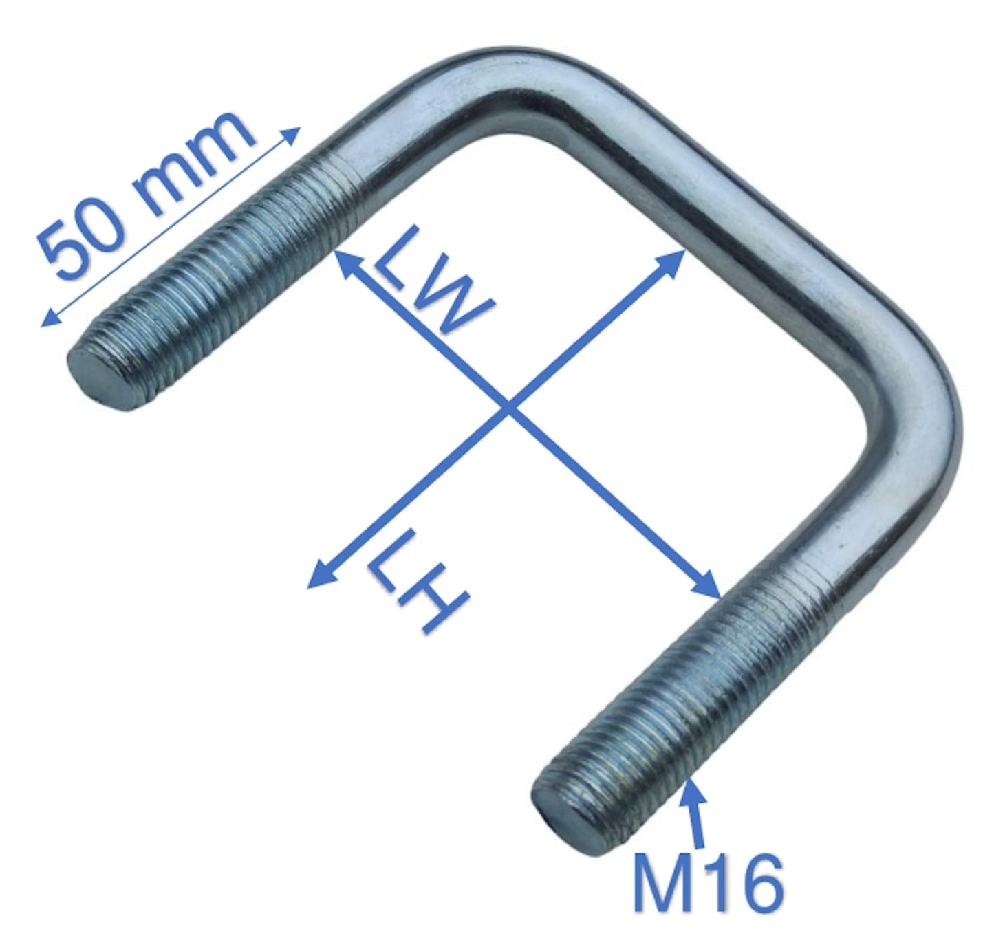 1 Stück M16 Vierkant U-Bolzen, U-Bügel, quadratische Bügelschraube mit Gewinde Stahl verzinkt - mit Sicherungsmuttern & Unterlegscheiben