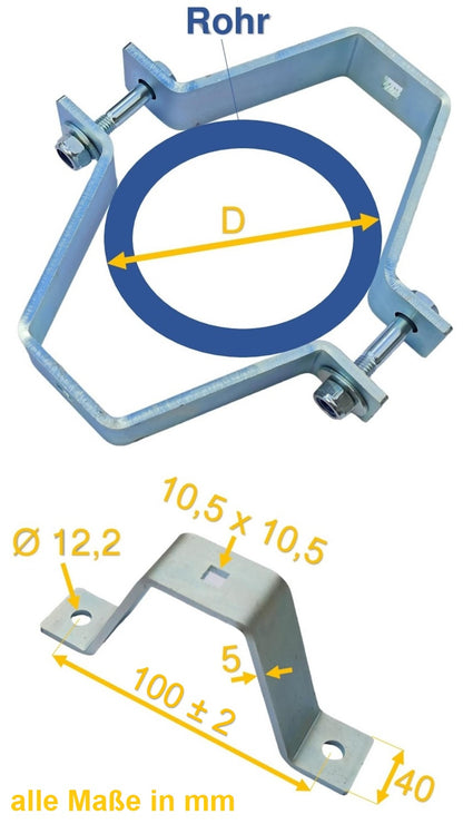 5 mm Dicke Rohrschelle, Rohrhalter, Doppelschelle, Mastschelle Stahl verzinkt