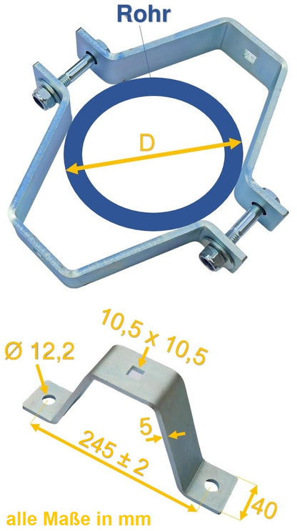5 mm Dicke Rohrschelle, Rohrhalter, Doppelschelle, Mastschelle Stahl verzinkt