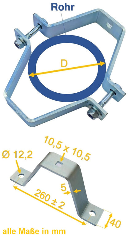 5 mm Dicke Rohrschelle, Rohrhalter, Doppelschelle, Mastschelle Stahl verzinkt